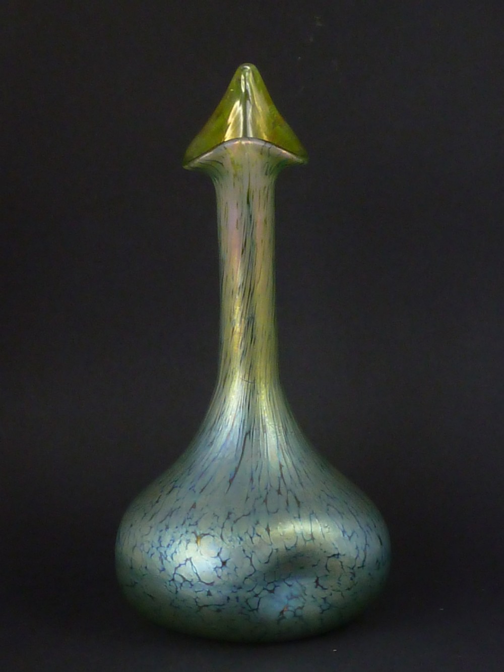 A pair of iridescent green hand-blown glass vases featuring bulbous bases, elongated slender necks, and flared jack-in-the-pulpit rims. View III