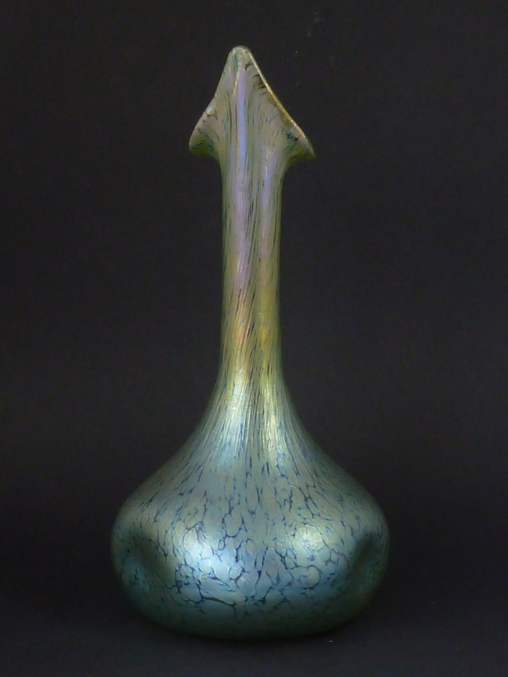 A pair of iridescent green hand-blown glass vases featuring bulbous bases, elongated slender necks, and flared jack-in-the-pulpit rims. View IV
