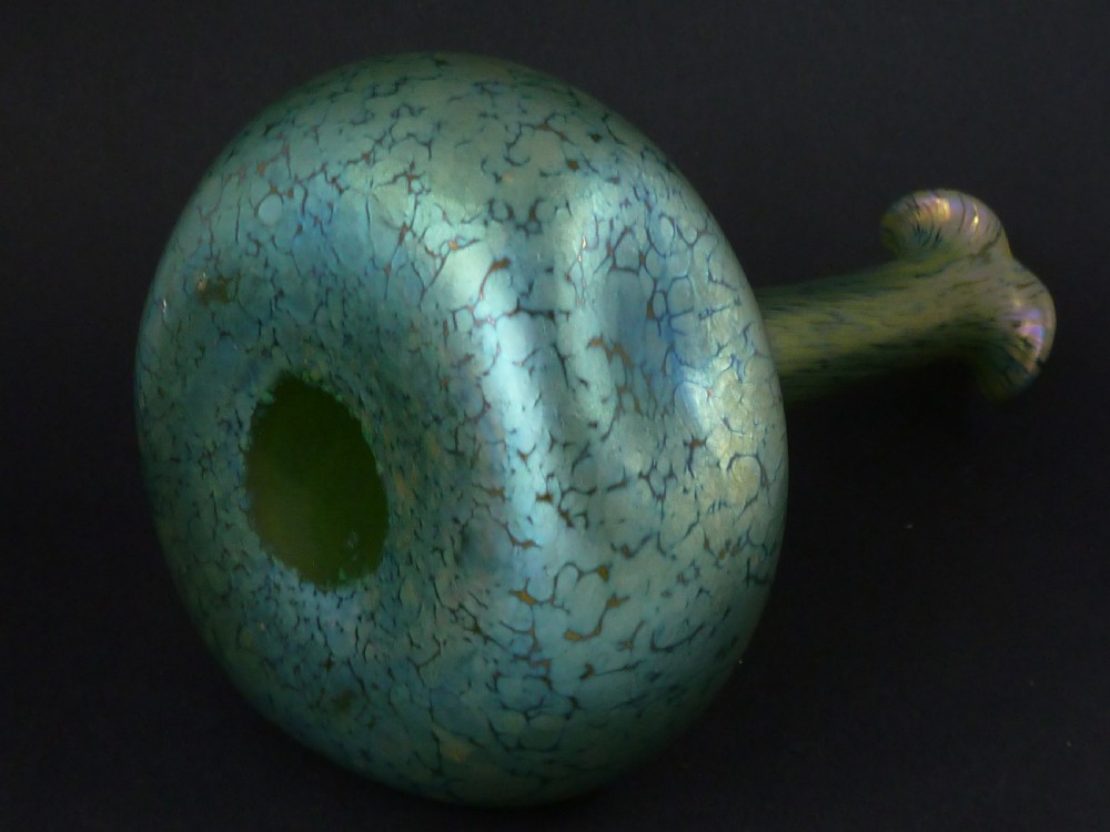 A pair of iridescent green hand-blown glass vases featuring bulbous bases, elongated slender necks, and flared jack-in-the-pulpit rims. View V