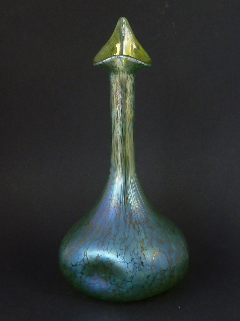 A pair of iridescent green hand-blown glass vases featuring bulbous bases, elongated slender necks, and flared jack-in-the-pulpit rims. View VI