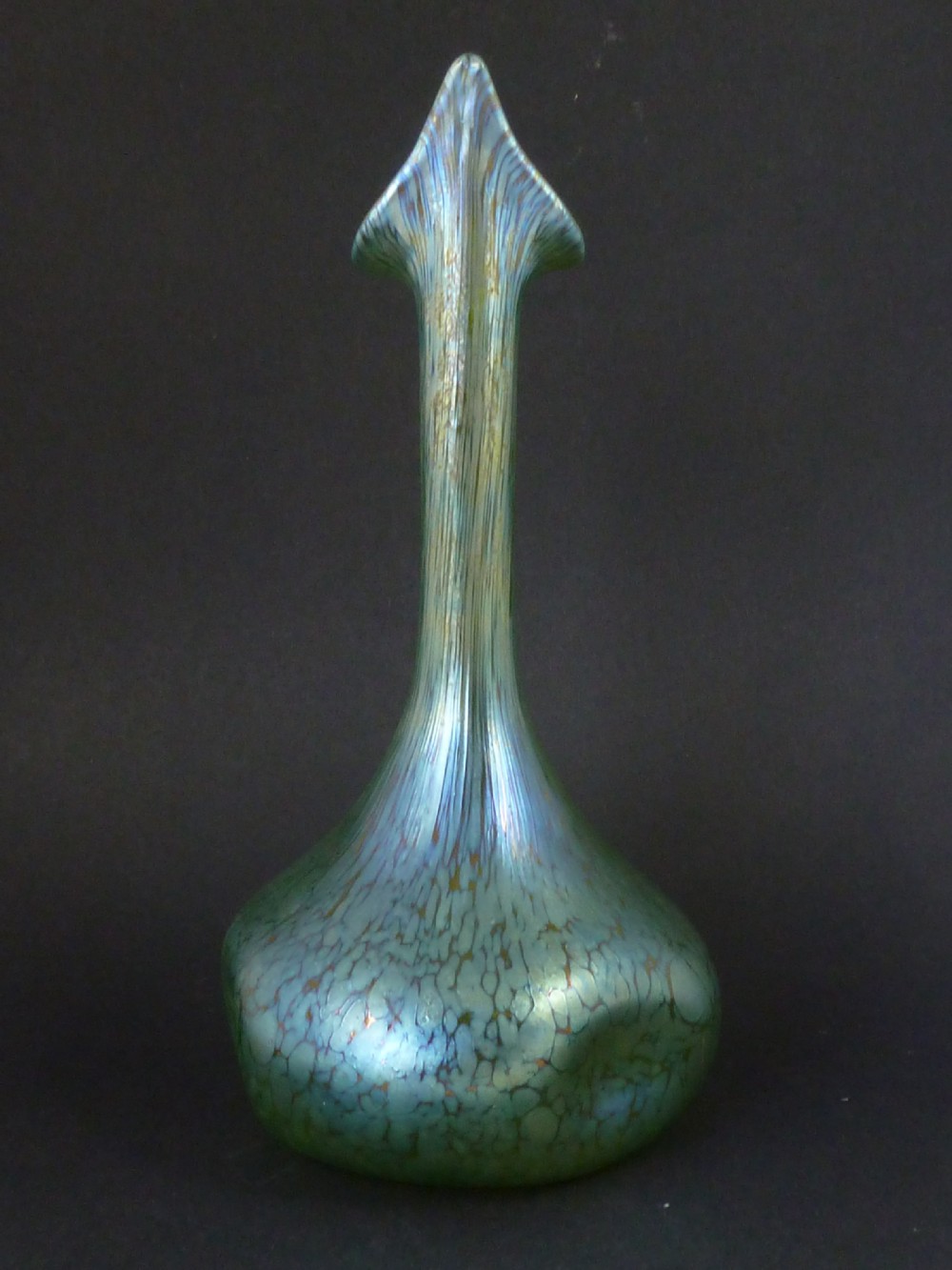 A pair of iridescent green hand-blown glass vases featuring bulbous bases, elongated slender necks, and flared jack-in-the-pulpit rims. View VII