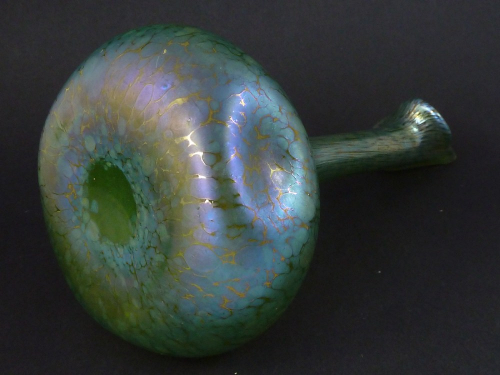 A pair of iridescent green hand-blown glass vases featuring bulbous bases, elongated slender necks, and flared jack-in-the-pulpit rims. View VIII