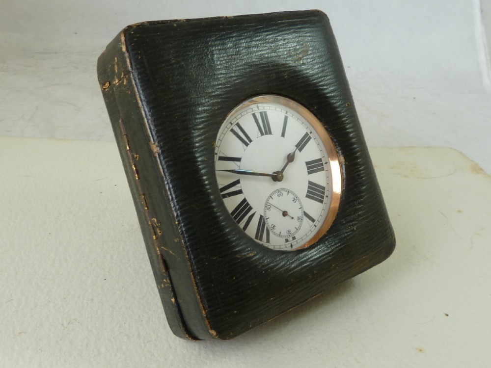 70mm Goliath Pocket Watch Swiss Jeweled 8 Day Gun Metal Leather Case  View II