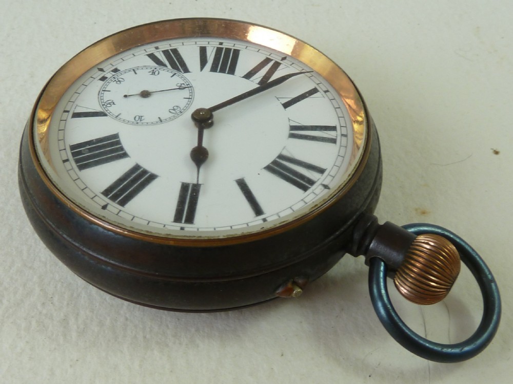 70mm Goliath Pocket Watch Swiss Jeweled 8 Day Gun Metal Leather Case  View V