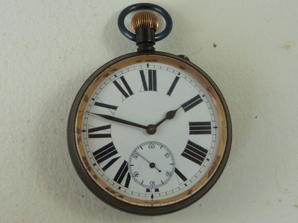 70mm Goliath Pocket Watch Swiss Jeweled 8 Day Gun Metal Leather Case  View VI