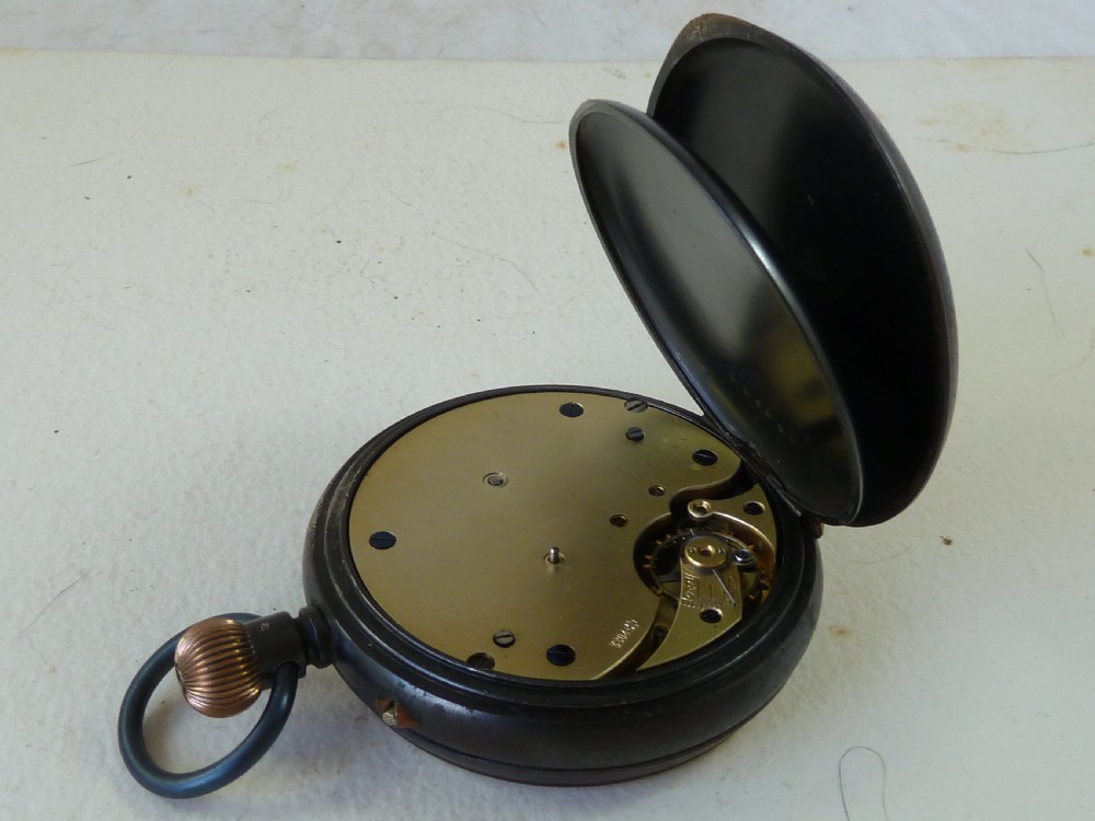 70mm Goliath Pocket Watch Swiss Jeweled 8 Day Gun Metal Leather Case  View VII