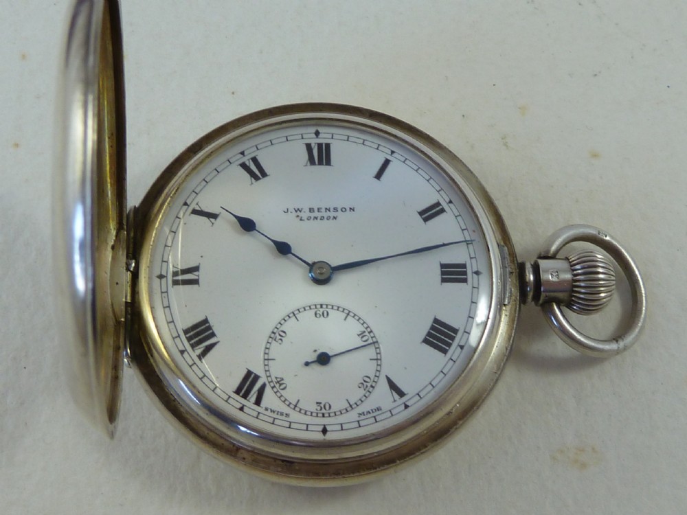 J W Benson Solid Silver Swiss Half Hunter Pocket Watch London 1938 Case View IV