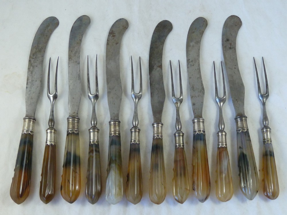 Silver Mounted Agate Handle Knives & Forks Scimitar Six Place Dinner Setting Table Cutlery English Georgian 