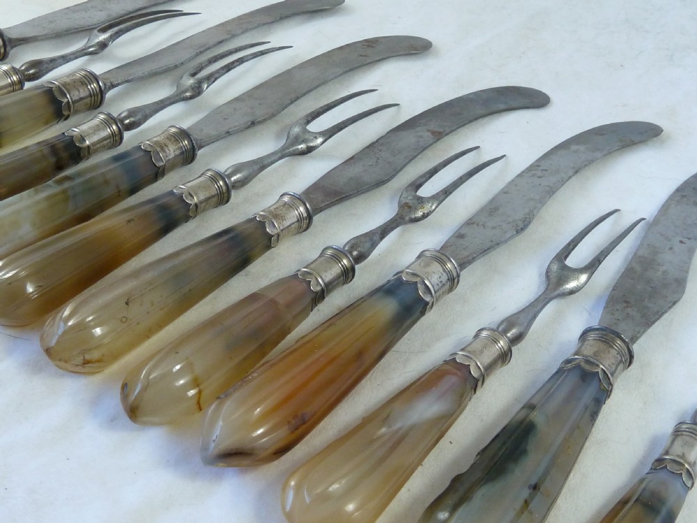 Silver Mounted Agate Handle Knives & Forks Scimitar Six Place Dinner Setting Table Cutlery English Georgian  View II