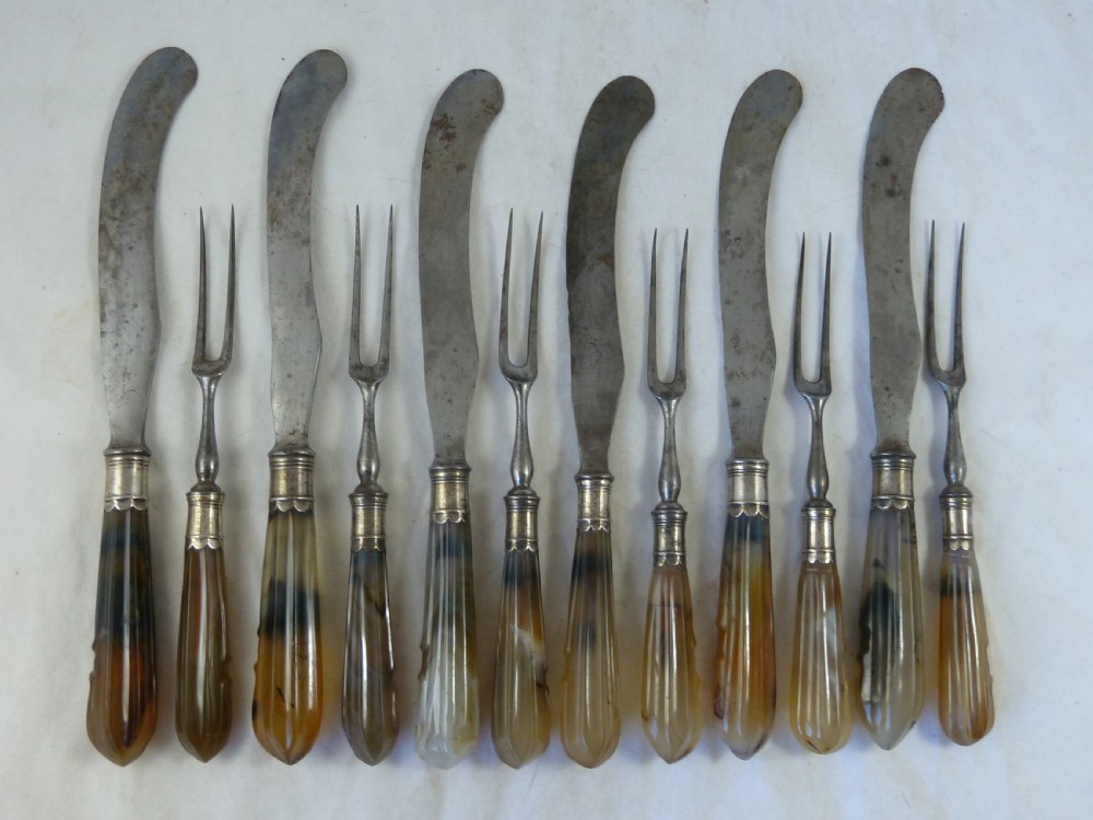 Silver Mounted Agate Handle Knives & Forks Scimitar Six Place Dinner Setting Table Cutlery English Georgian  View III