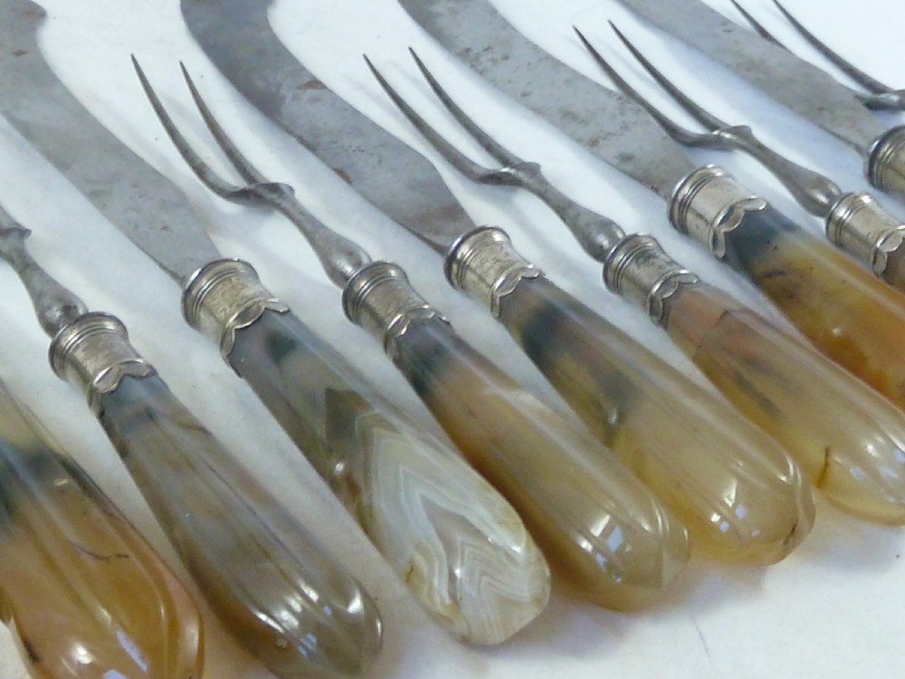 Silver Mounted Agate Handle Knives & Forks Scimitar Six Place Dinner Setting Table Cutlery English Georgian  View IV
