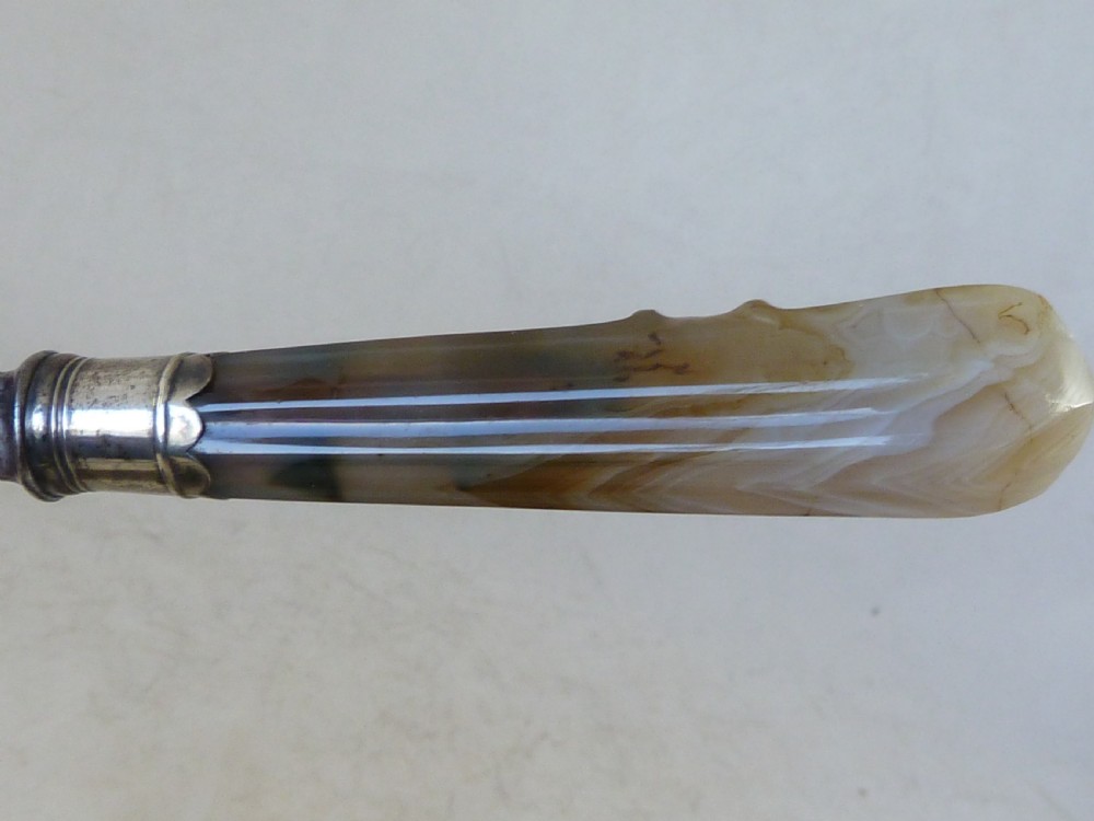 Silver Mounted Agate Handle Knives & Forks Scimitar Six Place Dinner Setting Table Cutlery English Georgian  View V