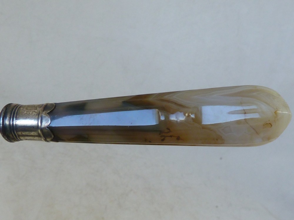 Silver Mounted Agate Handle Knives & Forks Scimitar Six Place Dinner Setting Table Cutlery English Georgian  View VI