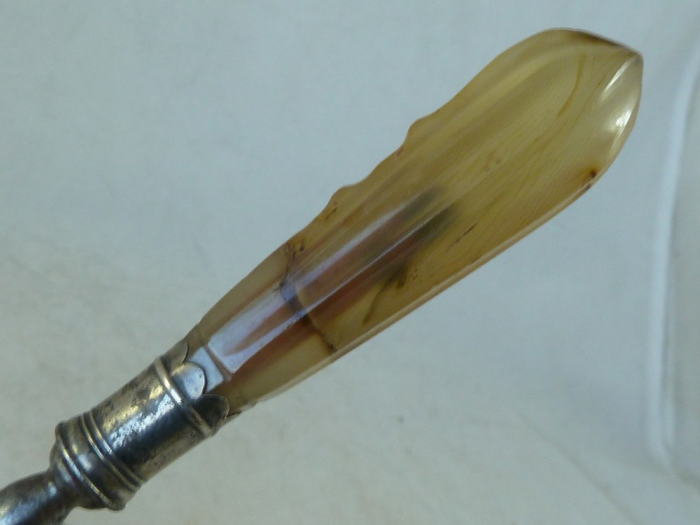 Silver Mounted Agate Handle Knives & Forks Scimitar Six Place Dinner Setting Table Cutlery English Georgian  View VII