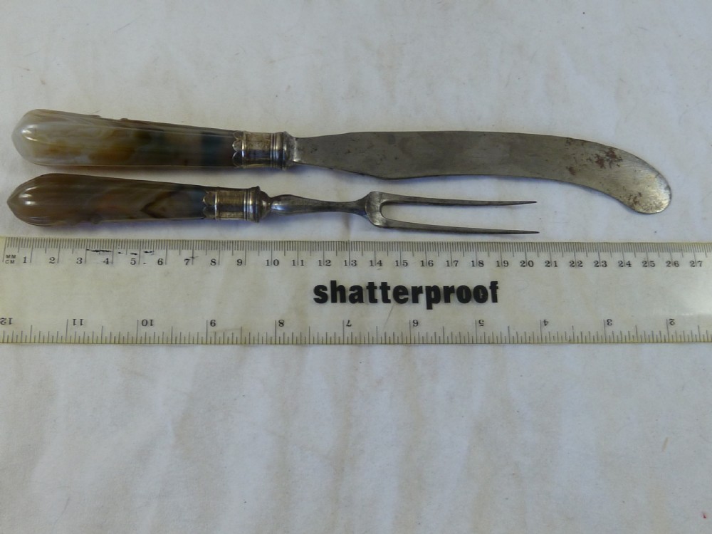 Silver Mounted Agate Handle Knives & Forks Scimitar Six Place Dinner Setting Table Cutlery English Georgian  View VIII