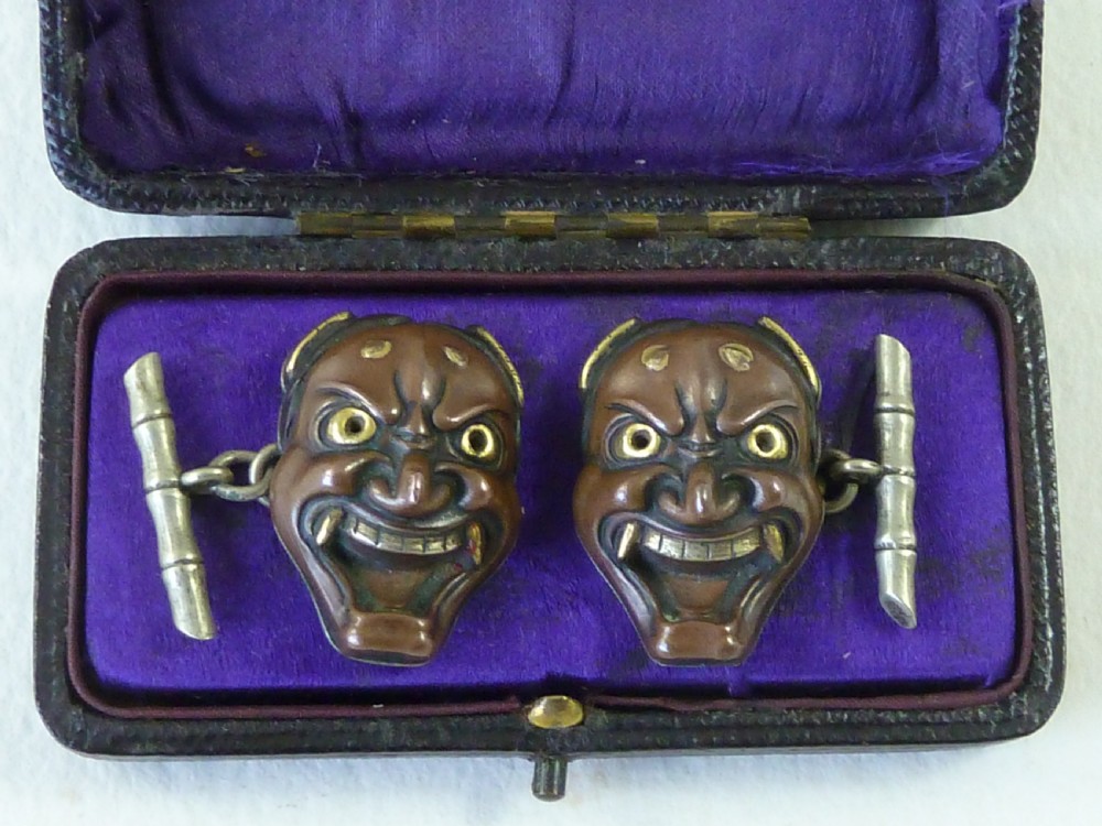 Japanese Mixed Metal Cufflinks Meiji Gold Boxed Pair Noh Theatre Mask Hannya 84 Marked 