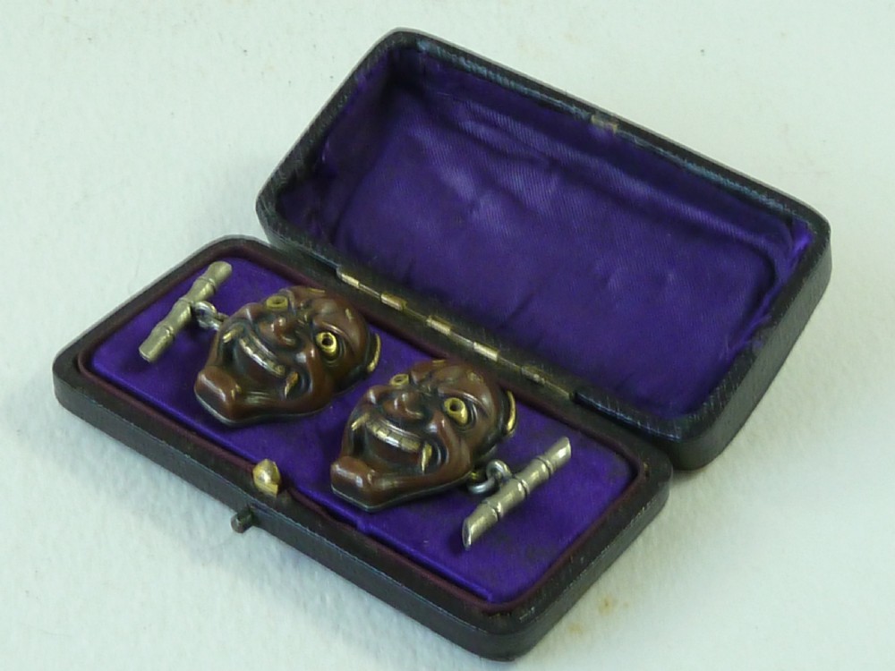 Japanese Mixed Metal Cufflinks Meiji Gold Boxed Pair Noh Theatre Mask Hannya 84 Marked  View II