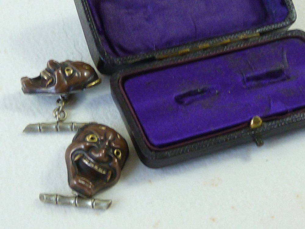 Japanese Mixed Metal Cufflinks Meiji Gold Boxed Pair Noh Theatre Mask Hannya 84 Marked  View III