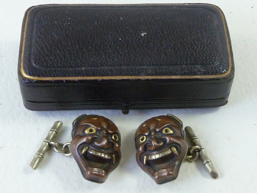 Japanese Mixed Metal Cufflinks Meiji Gold Boxed Pair Noh Theatre Mask Hannya 84 Marked  View IV