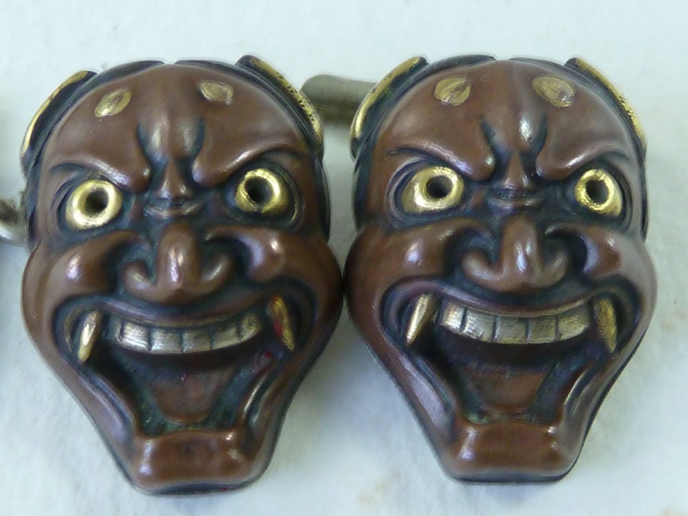 Japanese Mixed Metal Cufflinks Meiji Gold Boxed Pair Noh Theatre Mask Hannya 84 Marked  View V