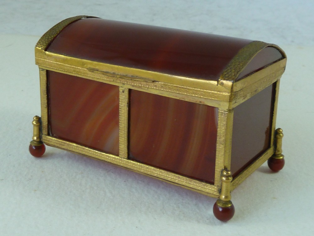 Miniature Trunk  Banded Carnelian Agate Hardstone Box Gilt Brass Ormolu Trinket Jewellery