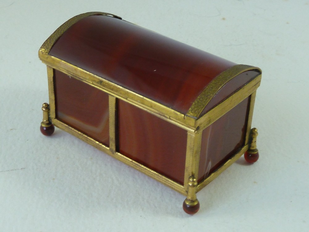 Miniature Trunk  Banded Carnelian Agate Hardstone Box Gilt Brass Ormolu Trinket Jewellery View II