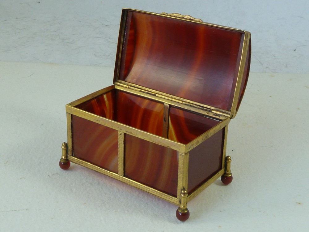 Miniature Trunk  Banded Carnelian Agate Hardstone Box Gilt Brass Ormolu Trinket Jewellery View III
