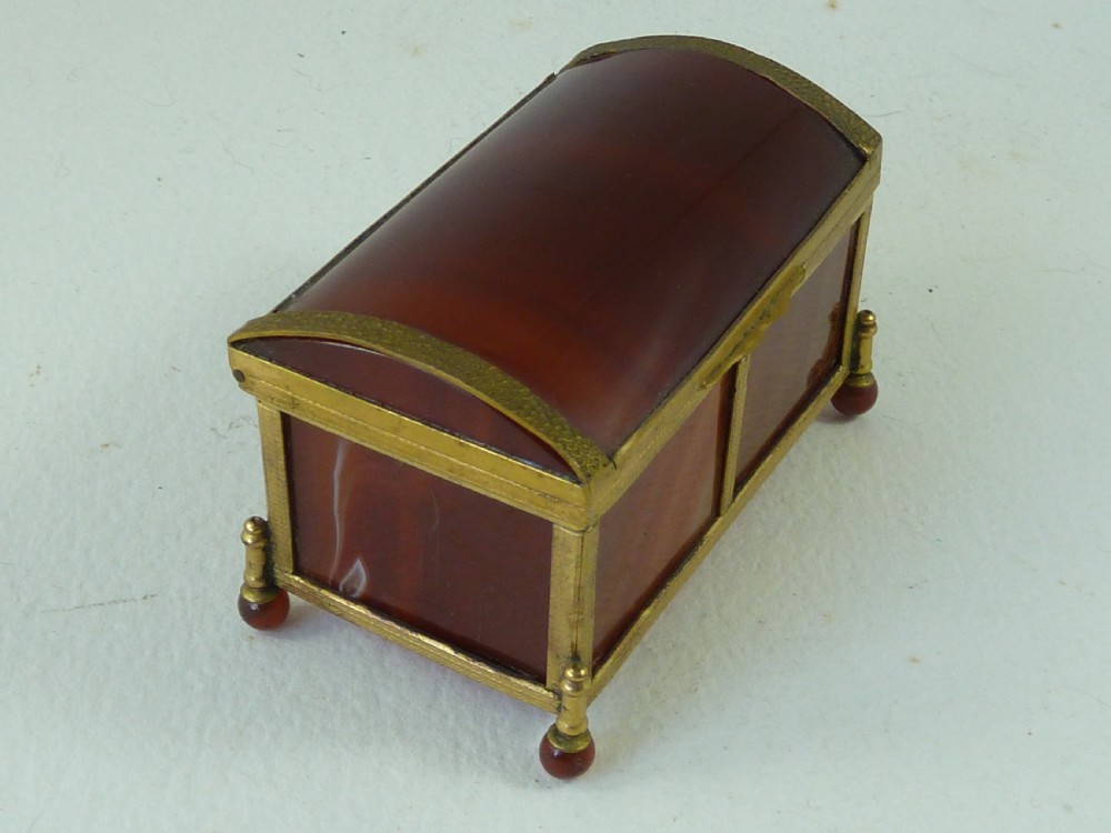 Miniature Trunk  Banded Carnelian Agate Hardstone Box Gilt Brass Ormolu Trinket Jewellery View IV