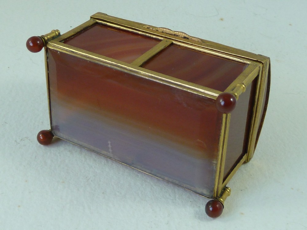 Miniature Trunk  Banded Carnelian Agate Hardstone Box Gilt Brass Ormolu Trinket Jewellery View V