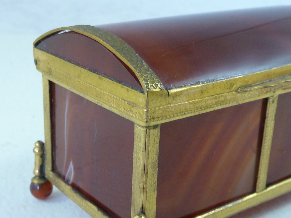 Miniature Trunk  Banded Carnelian Agate Hardstone Box Gilt Brass Ormolu Trinket Jewellery View VI