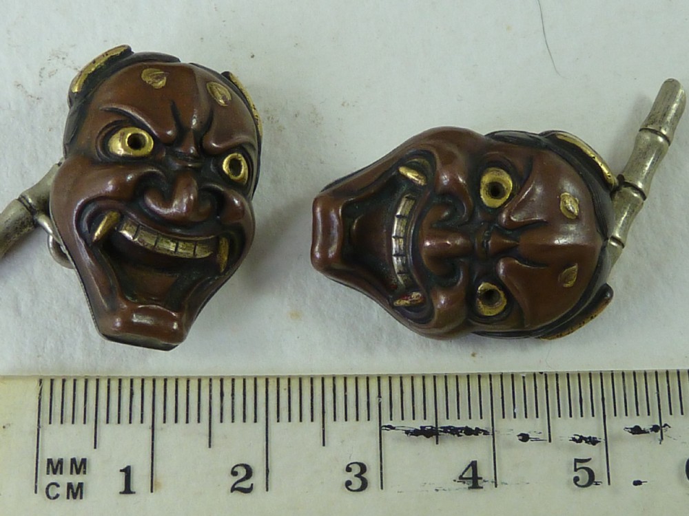 Japanese Mixed Metal Cufflinks Meiji Gold Boxed Pair Noh Theatre Mask Hannya 84 Marked  View VIII