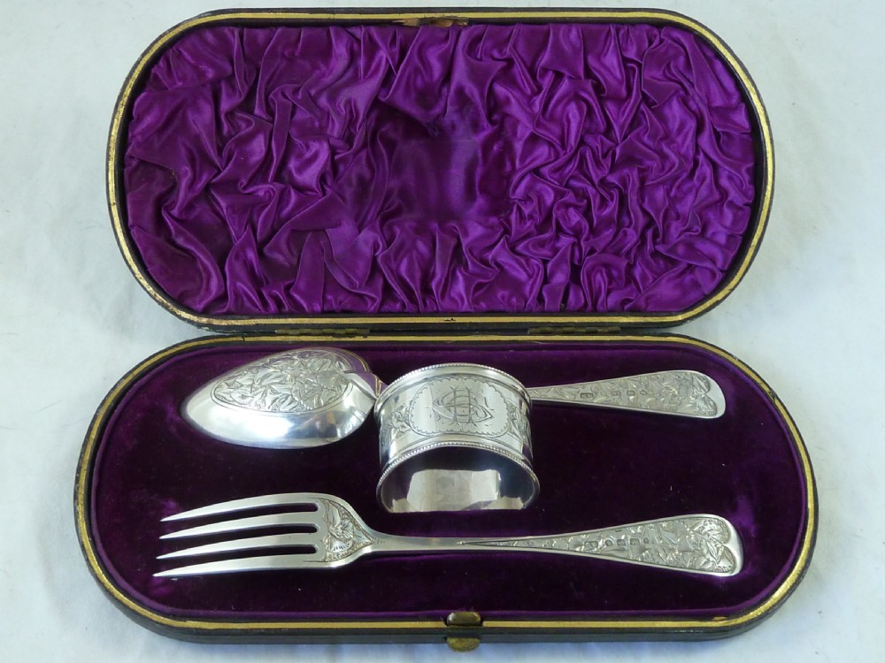 Victorian SHE 1882 Silver Fork Spoon Napkin Ring Set Boxed English George Unite Presentation