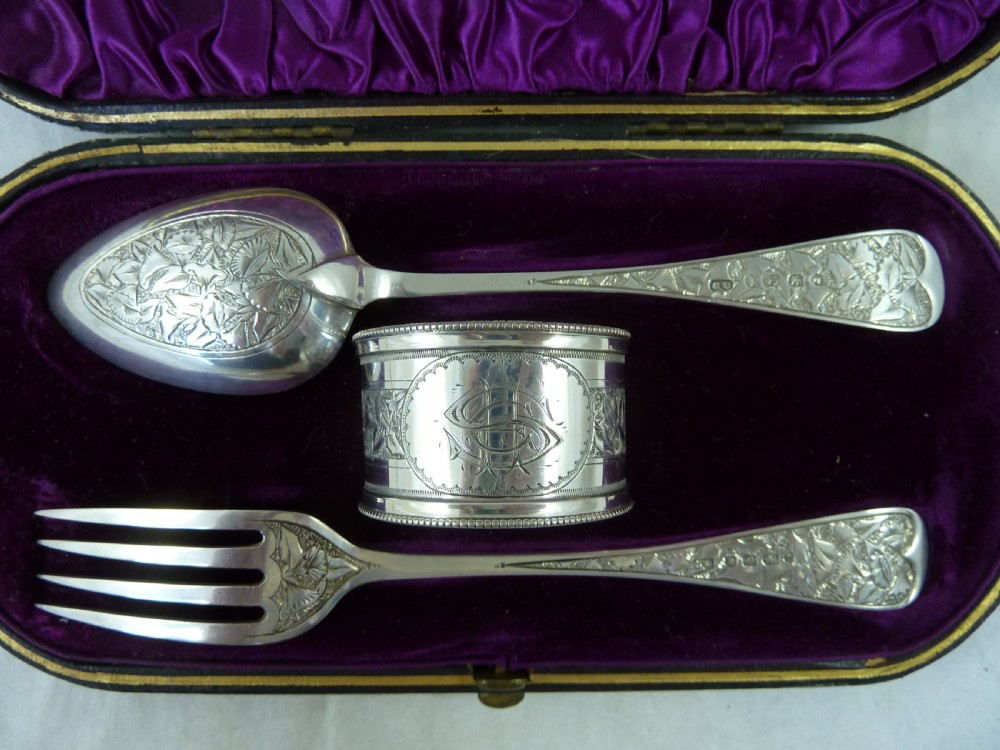 Victorian SHE 1882 Silver Fork Spoon Napkin Ring Set Boxed English George Unite Presentation View III