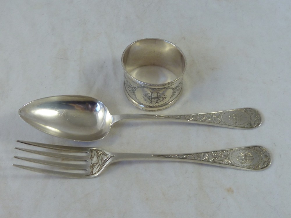 Victorian SHE 1882 Silver Fork Spoon Napkin Ring Set Boxed English George Unite Presentation View V