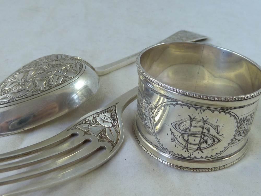 Victorian SHE 1882 Silver Fork Spoon Napkin Ring Set Boxed English George Unite Presentation View VIII