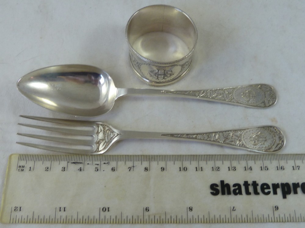 Victorian SHE 1882 Silver Fork Spoon Napkin Ring Set Boxed English George Unite Presentation View IX