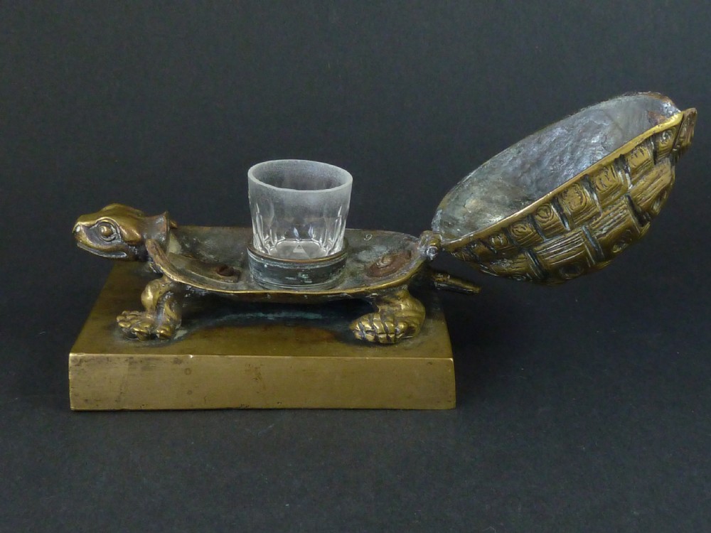 Tortoise Brass Inkwell Novelty Inkstand English Victorian Animalier Figural View V