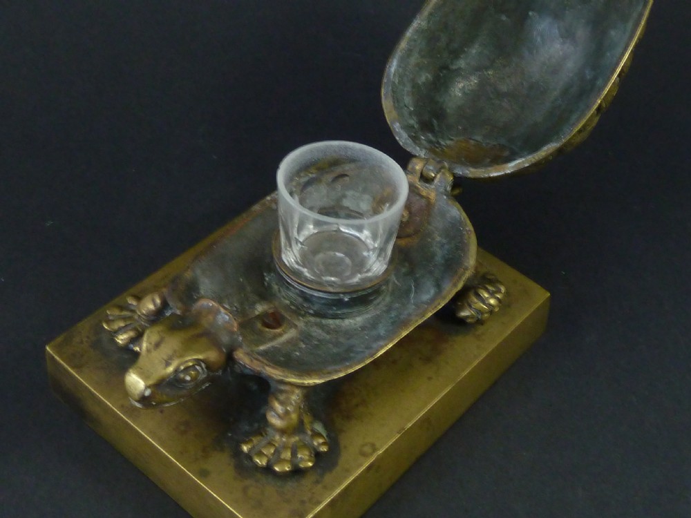 Tortoise Brass Inkwell Novelty Inkstand English Victorian Animalier Figural View VI