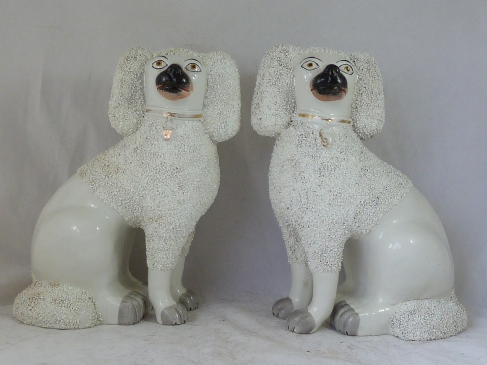 Pair Victorian Staffordshire Pottery Poodle Confetti Dogs Separate Leg Figures Gravelware Lion Cut 