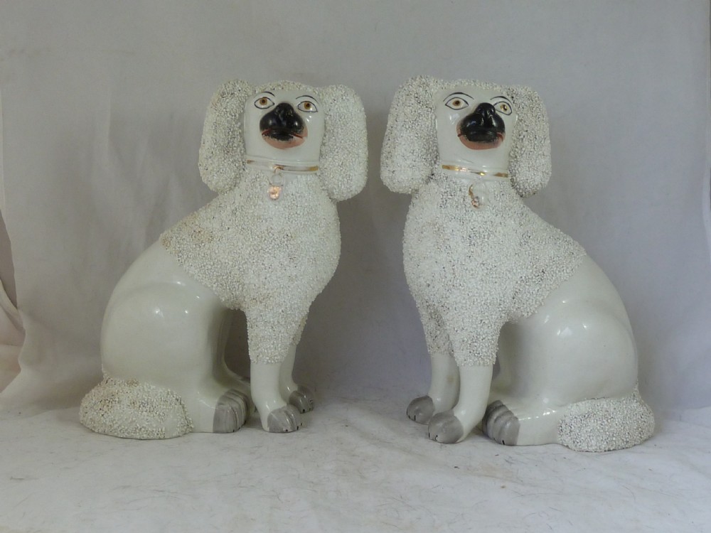 Pair Victorian Staffordshire Pottery Poodle Confetti Dogs Separate Leg Figures Gravelware Lion Cut  View II