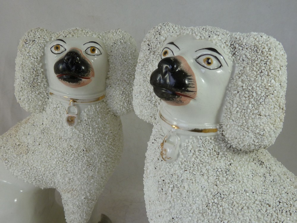 Pair Victorian Staffordshire Pottery Poodle Confetti Dogs Separate Leg Figures Gravelware Lion Cut  View III