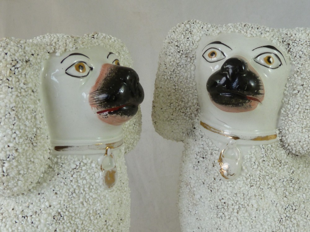 Pair Victorian Staffordshire Pottery Poodle Confetti Dogs Separate Leg Figures Gravelware Lion Cut  View IV