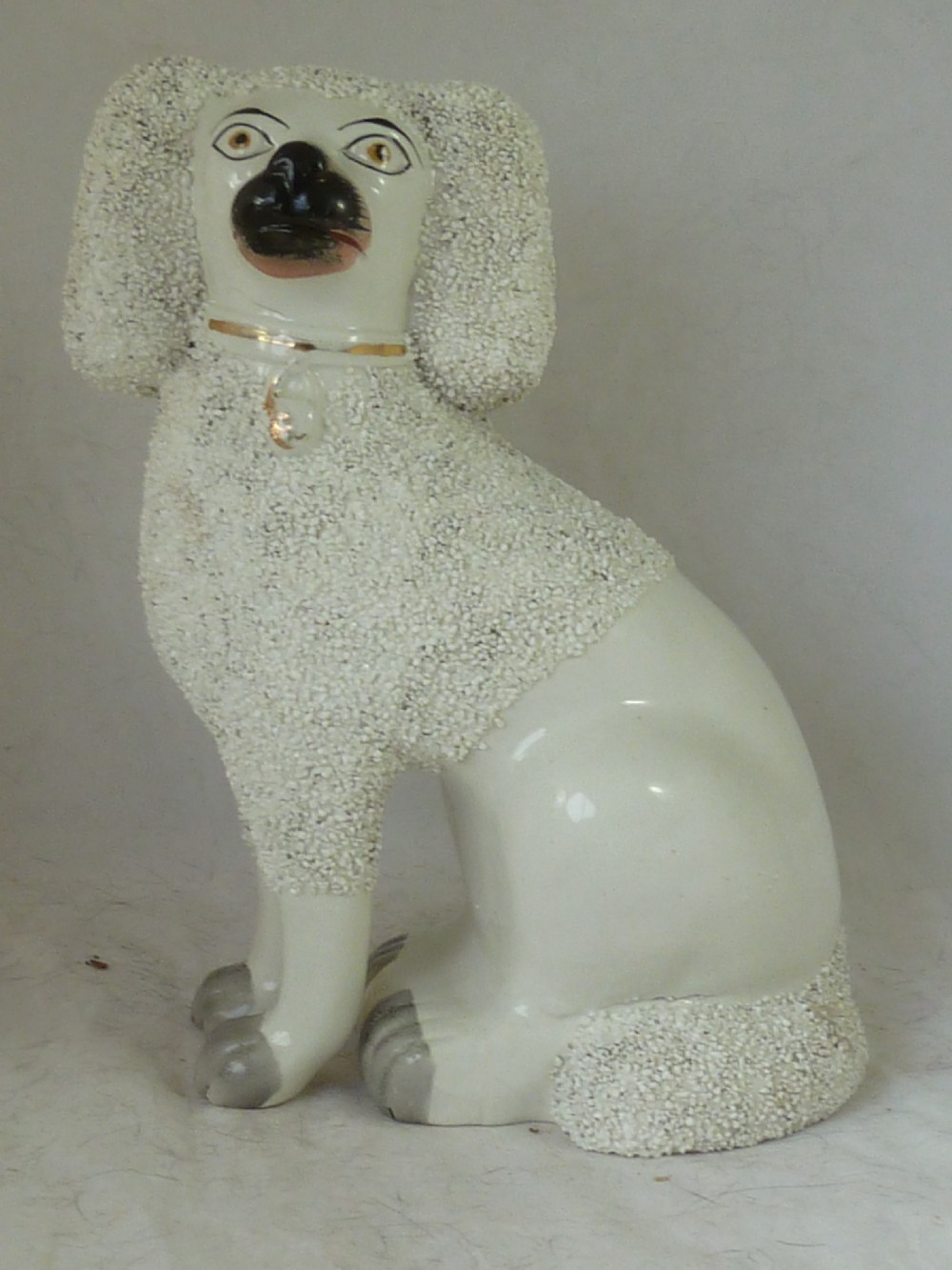 Pair Victorian Staffordshire Pottery Poodle Confetti Dogs Separate Leg Figures Gravelware Lion Cut  View V