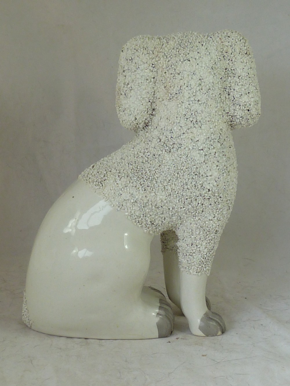 Pair Victorian Staffordshire Pottery Poodle Confetti Dogs Separate Leg Figures Gravelware Lion Cut  View VI