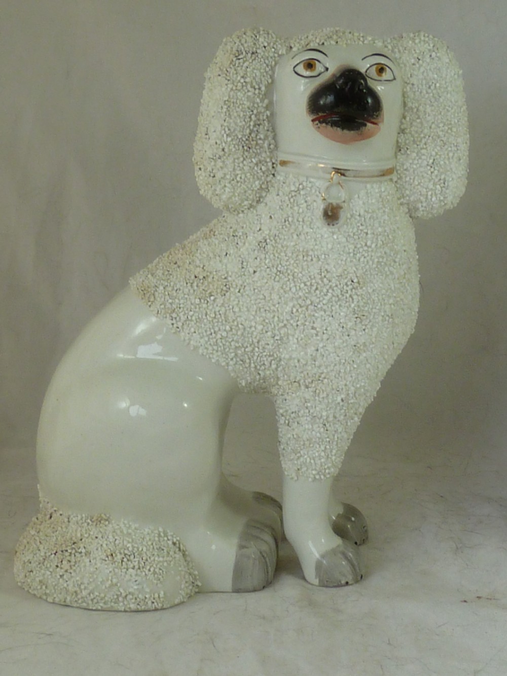 Pair Victorian Staffordshire Pottery Poodle Confetti Dogs Separate Leg Figures Gravelware Lion Cut  View VII