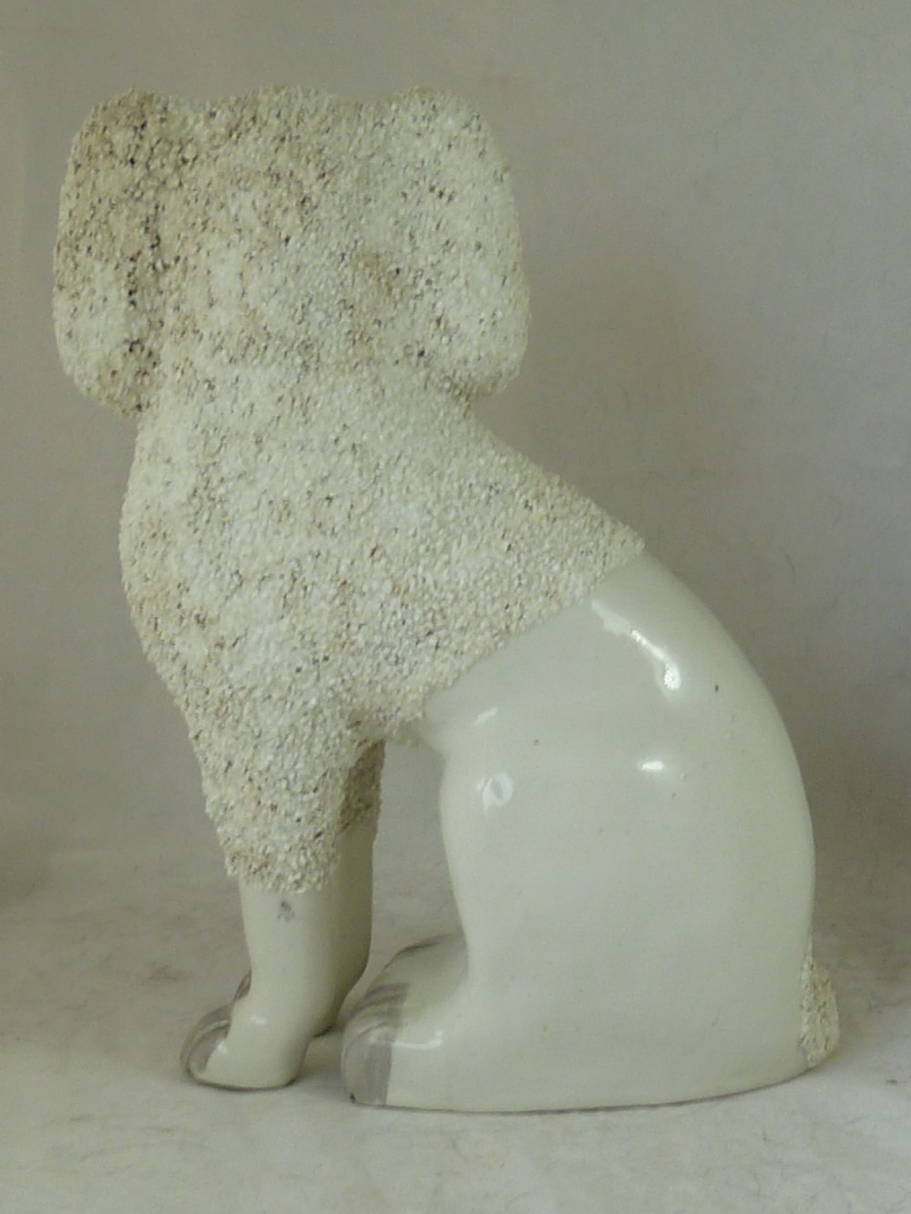 Pair Victorian Staffordshire Pottery Poodle Confetti Dogs Separate Leg Figures Gravelware Lion Cut  View VIII
