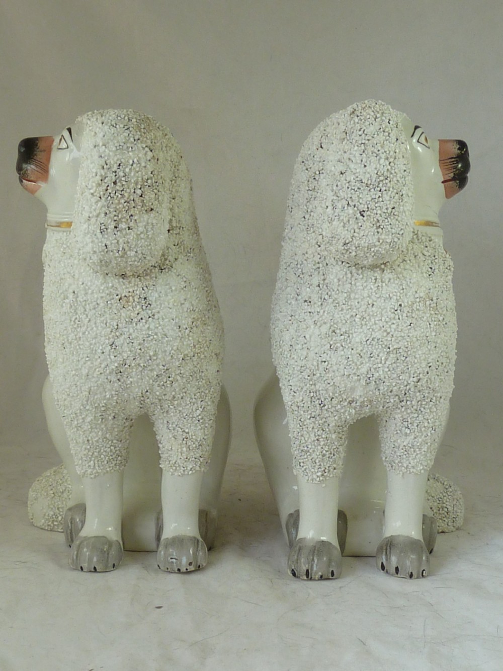 Pair Victorian Staffordshire Pottery Poodle Confetti Dogs Separate Leg Figures Gravelware Lion Cut  View IX