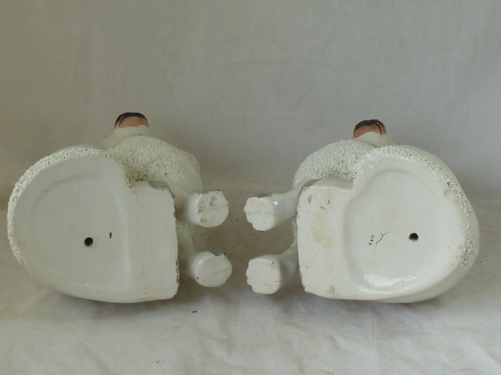 Pair Victorian Staffordshire Pottery Poodle Confetti Dogs Separate Leg Figures Gravelware Lion Cut  View X