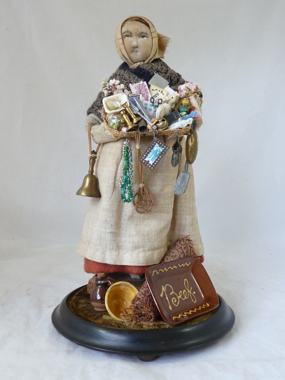 Pedlar Doll Glass Dome London Street Vendor Peddler Victorian View II