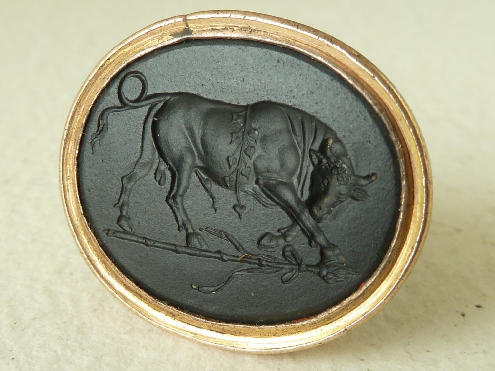 Wedgwood and Bentley Black Basalt Seal Bull 303 Intaglio Fob Wax Pottery